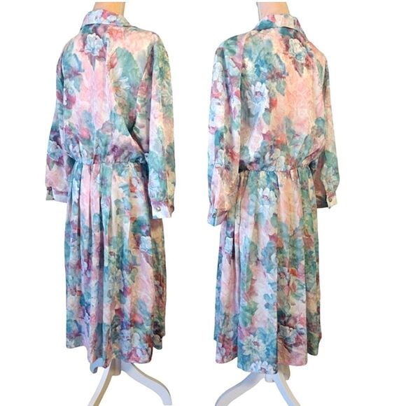 VTG 80s Colorful Floral Satin Long Sleeve Midi Dress Size 16P *fits like Medium - Picture 9 of 13